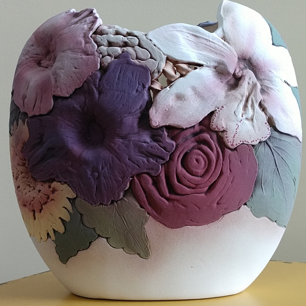 John Davis Hand Sculpted Vase Clay Floral Hand Crafted Signed Concord Garden 8"